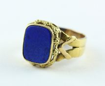 <de>DAMENRING, 585/ooo Gelbgold, geprüft, besetzt mit einer Lapis-Lazuli-Scheibe, die Ringschiene re