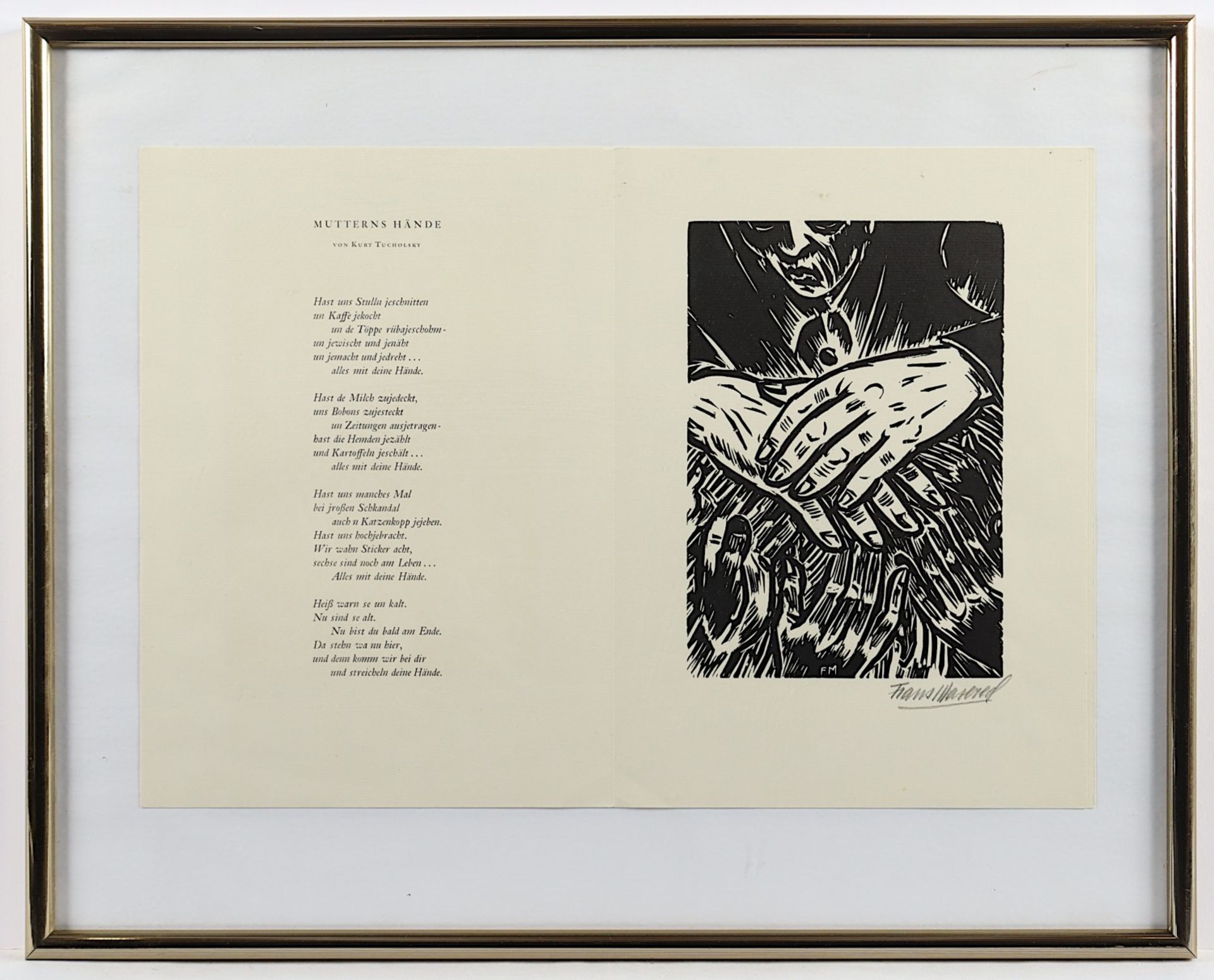 <de>MASEREEL, Frans, "Mutterns Hände", nach Tucholsky, Original-Holzschnitt, 20 x 14, handsigniert,  - Bild 2 aus 2