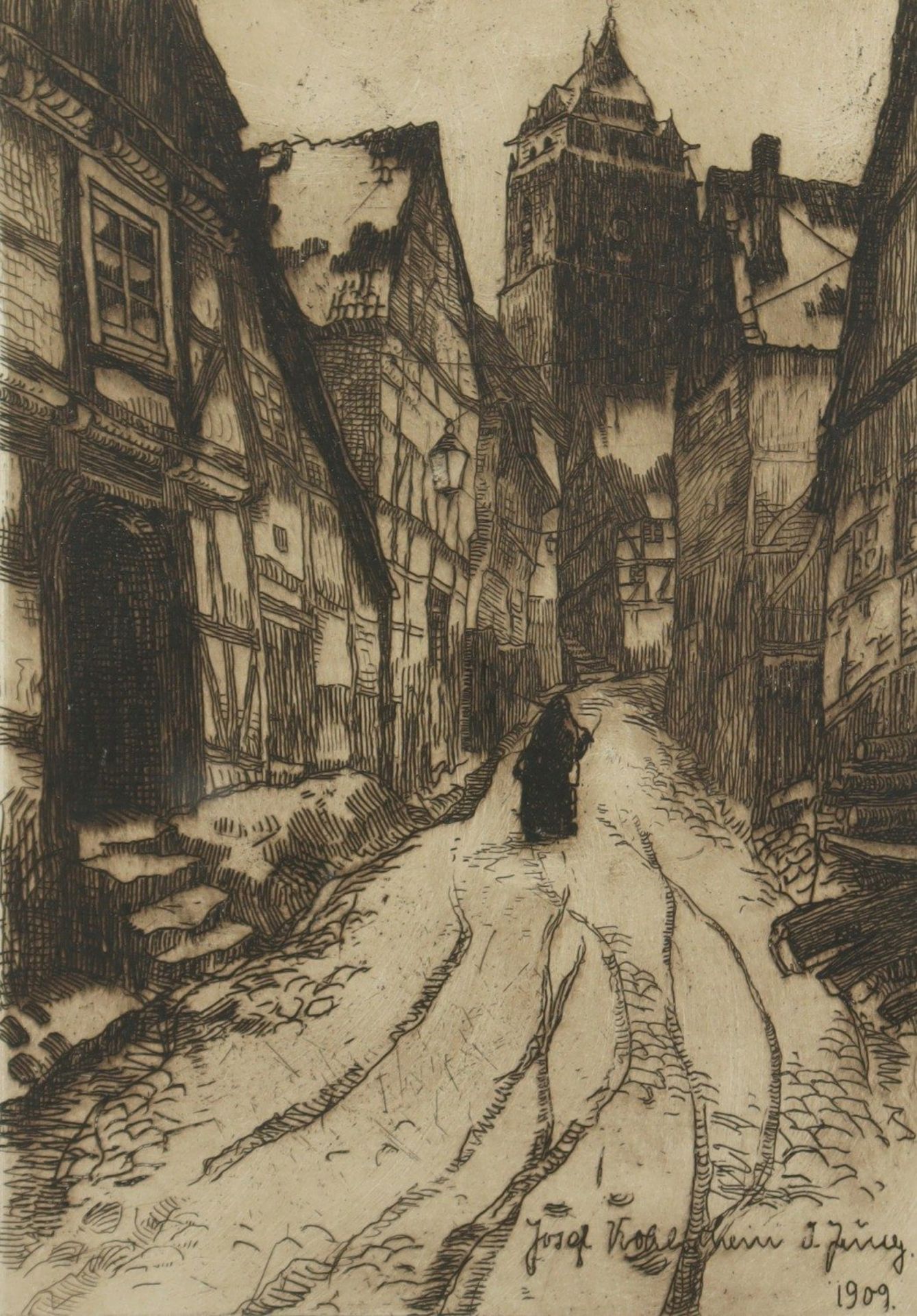 <de>KOHLSCHEIN, Josef II (1884-1958), "Winterliche Gasse in Warburg", Radierung, 18 x 12,5, 1909, R.