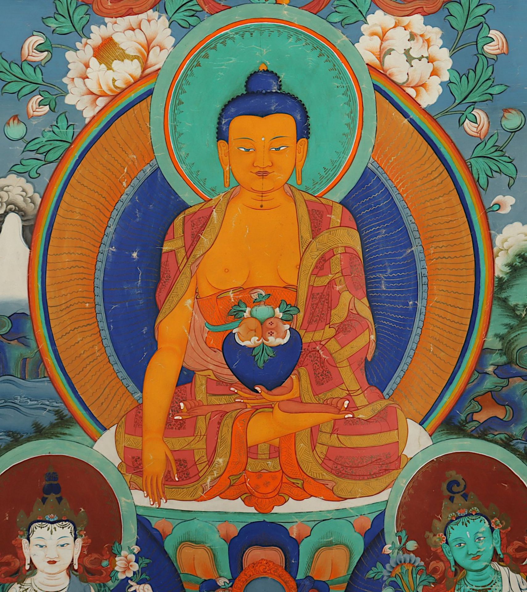 <de>THANGKA BUDDHA SHAKYAMUNI, Gouache auf Stoff, 70 x 50, traditionell montiert, TIBET, 20.Jh.</de> - Bild 3 aus 5