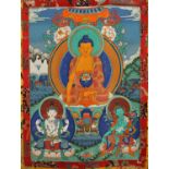 THANGKA BUDDHA SHAKYAMUNI, Gouache auf Stoff, 70 x 50, traditionell montiert, TIBET, 20.Jh.