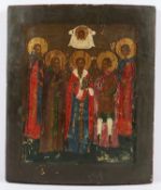 <de>IKONE, "Fünf Heilige", Tempera/Holz, 37 x 30,5, besch., RUSSLAND, E.19.Jh. verso mit Styropor ve