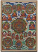 <de>THANGKA FÜNFFACHES MANDALA, Gouache und Gold auf Stoff, zentral Maning-Mahakala in seiner dreikö