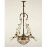 DECKENLAMPE, vierflammig, Bronze, vergoldet, Schirme aus farblosem, satiniertem Glas, min.besch.,