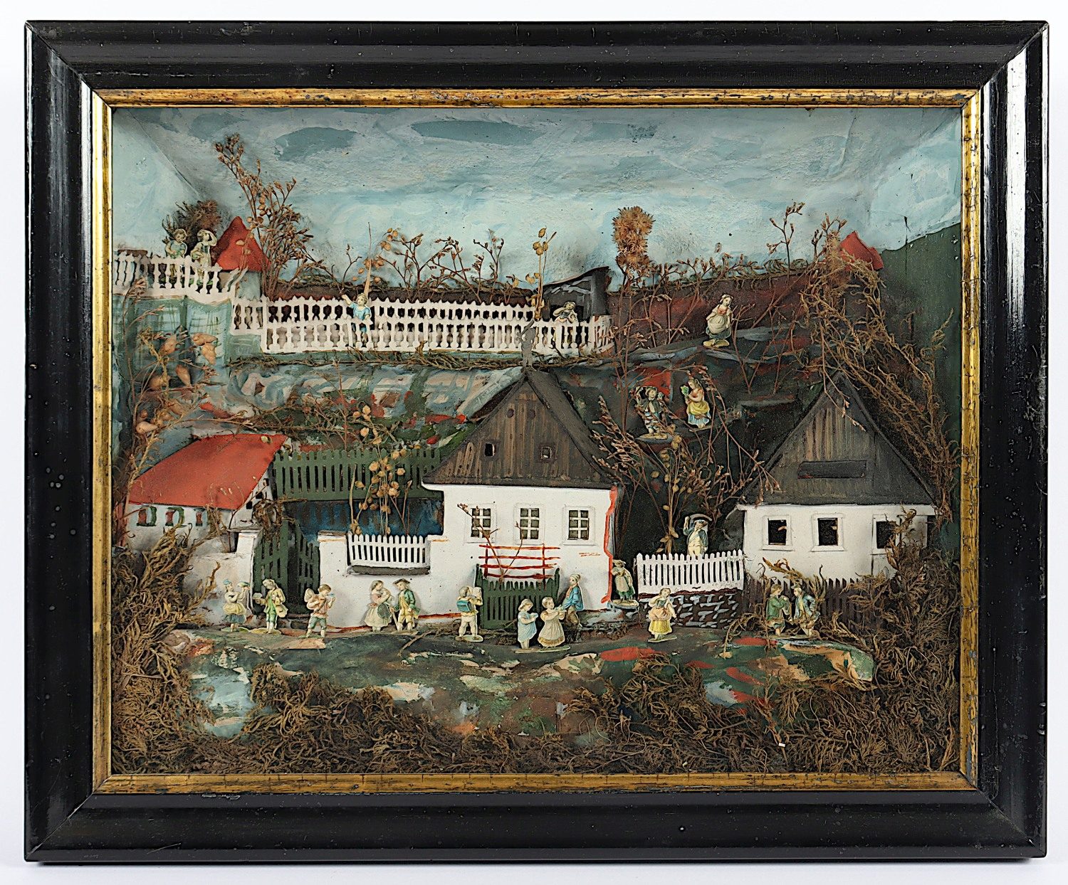 DIORAMA, Landschaft mit Gebäuden und Figuren, farbig bemalte und bedruckte Pappe und Papier, unter