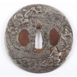 TSUBA, Eisen, rund, im Relief Drache über Wasser, Dm 8,5, min. korrodiert, JAPAN, 19.Jh.