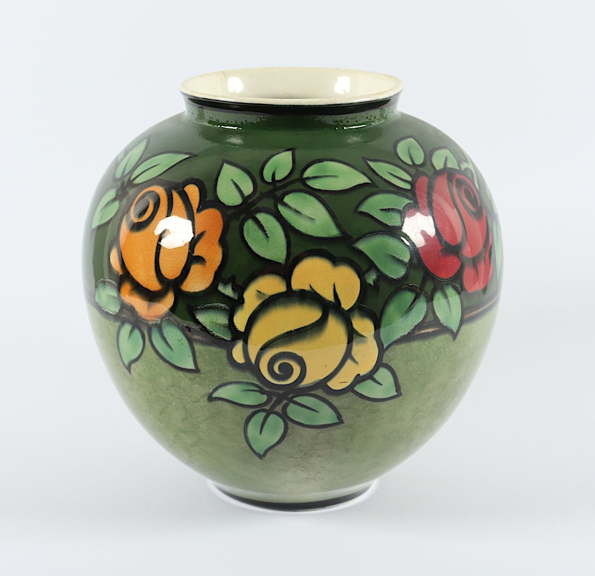 VASE, Steinzeug, farbiger Rosendekor