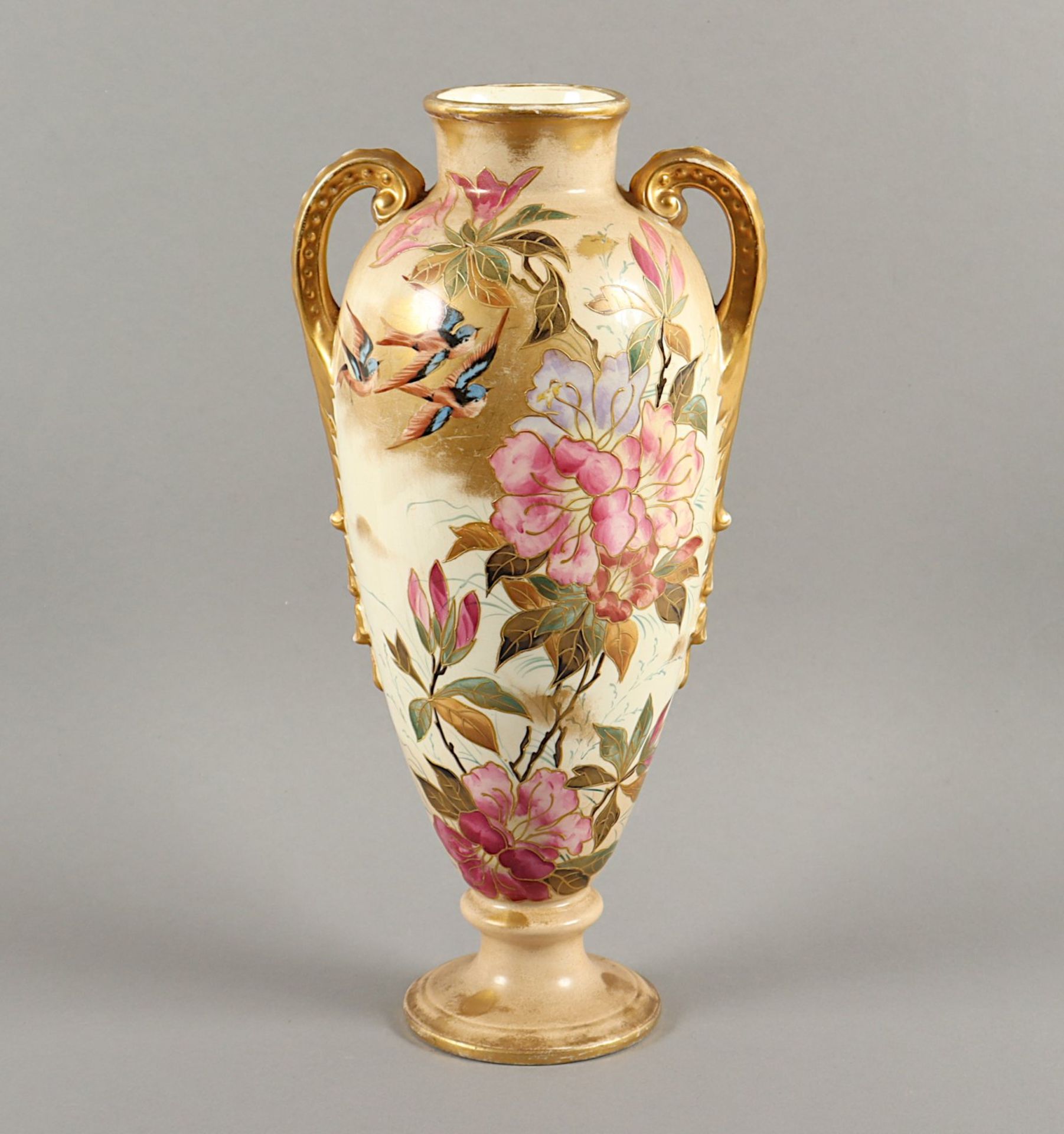 VASE, Steinzeug, farbig gemalte Blumen