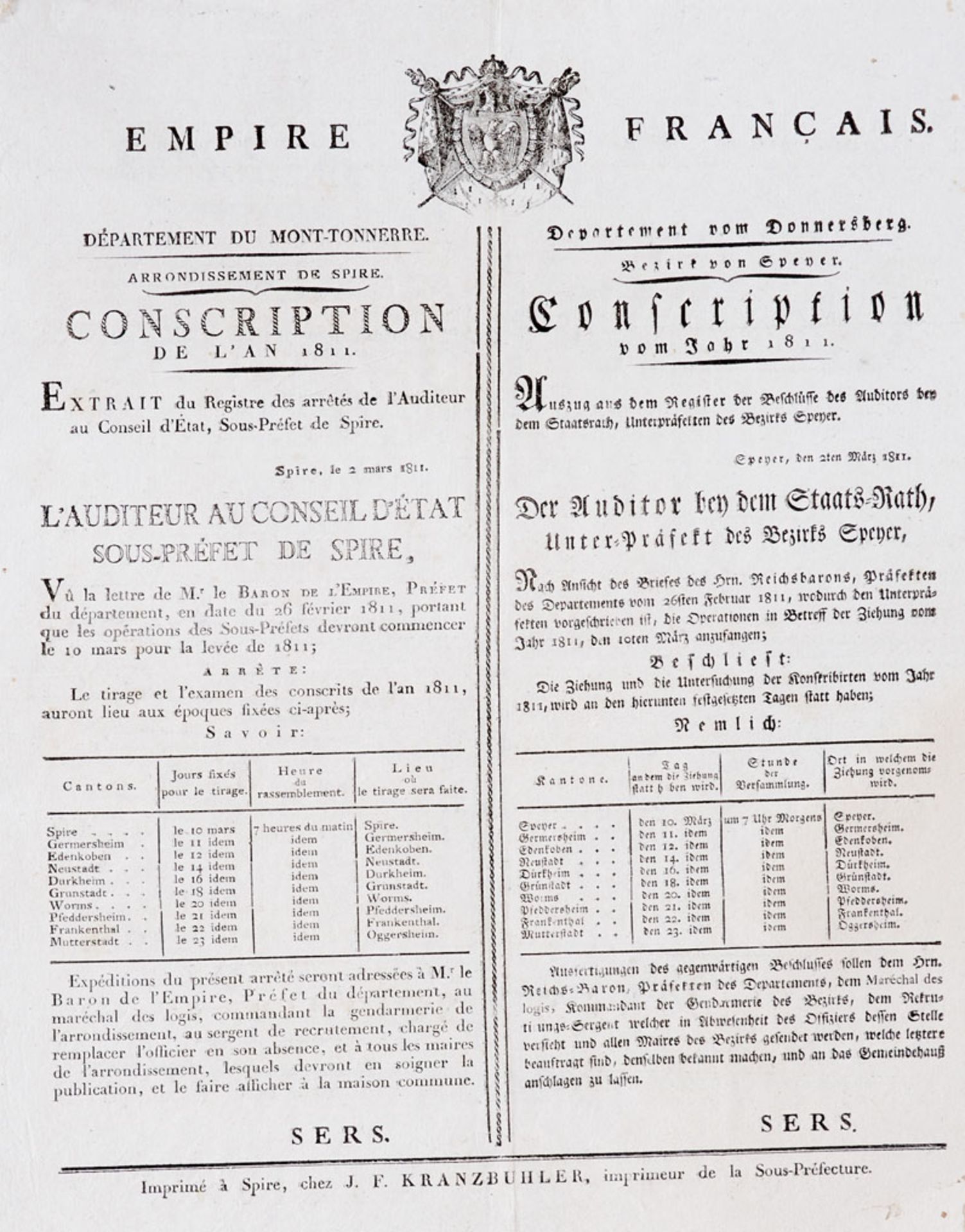 Napoleon - Militärkonskription - 3 Flugblätter zur Konskription im Bezirk Speyer.