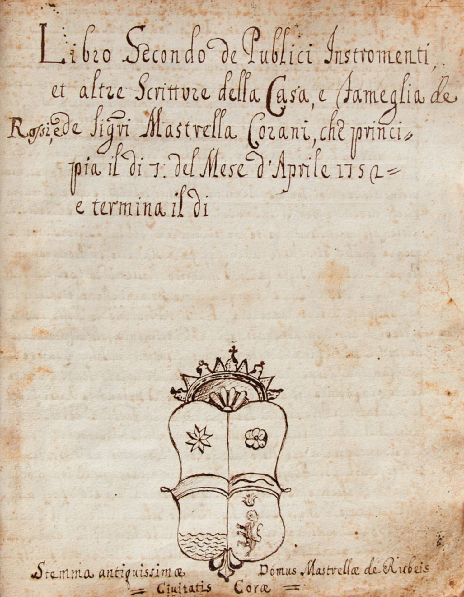 Cori - "Libro secondo de publici instromenti et altre scritture della casa, e fameglia de Rossi, e d - Image 2 of 5
