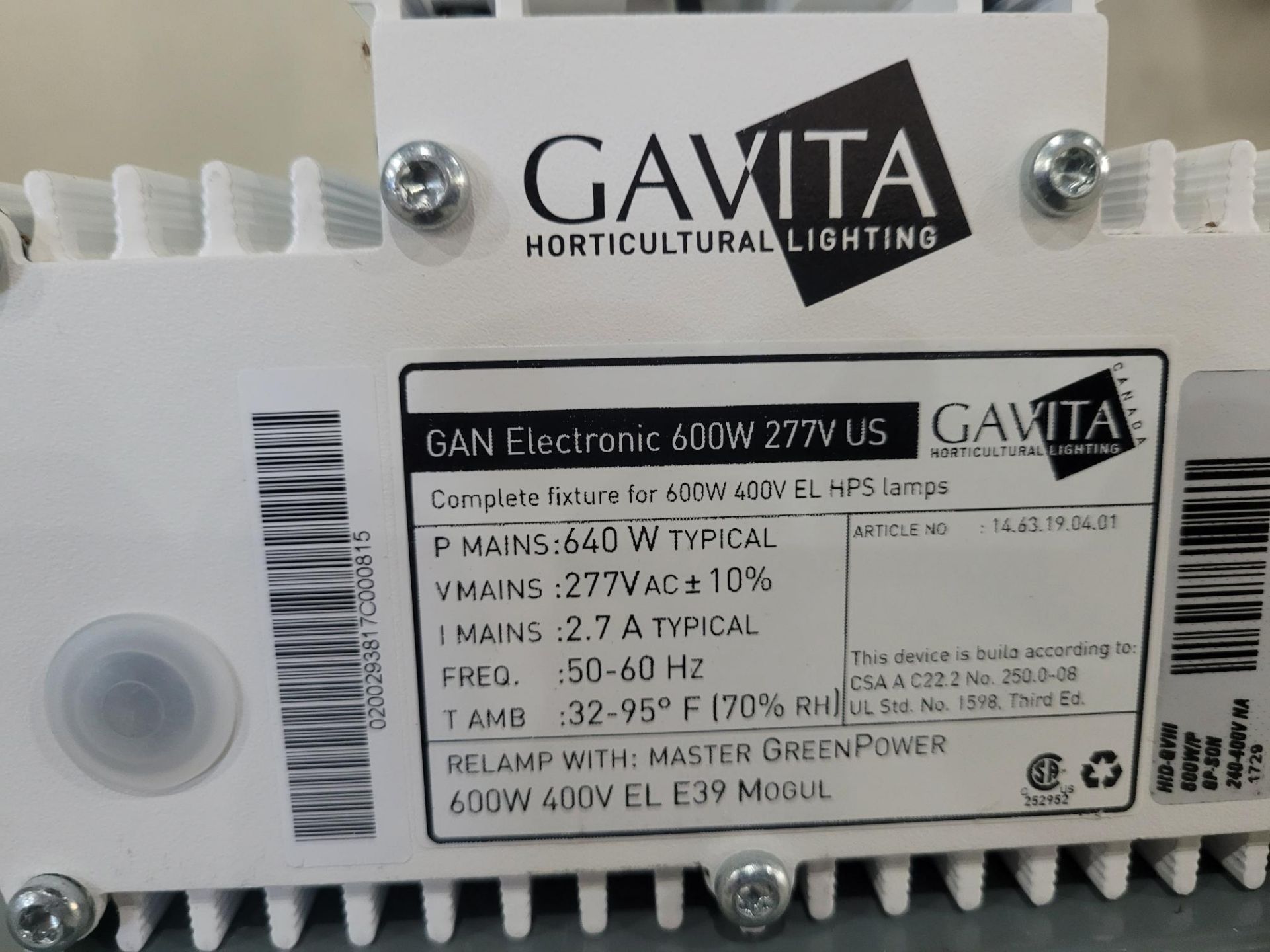 Lot of (50)- Used Gavita Pro Classic Grow Lights 600 SE Fixture 277V w/600 watt EL lamp bulbs - Image 5 of 7