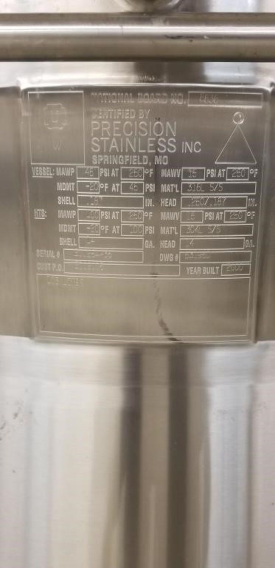 Used Precision Stainless 316 Stainless Steel 113 Liter Jacketed Reactor Vessel.\ - Image 7 of 7