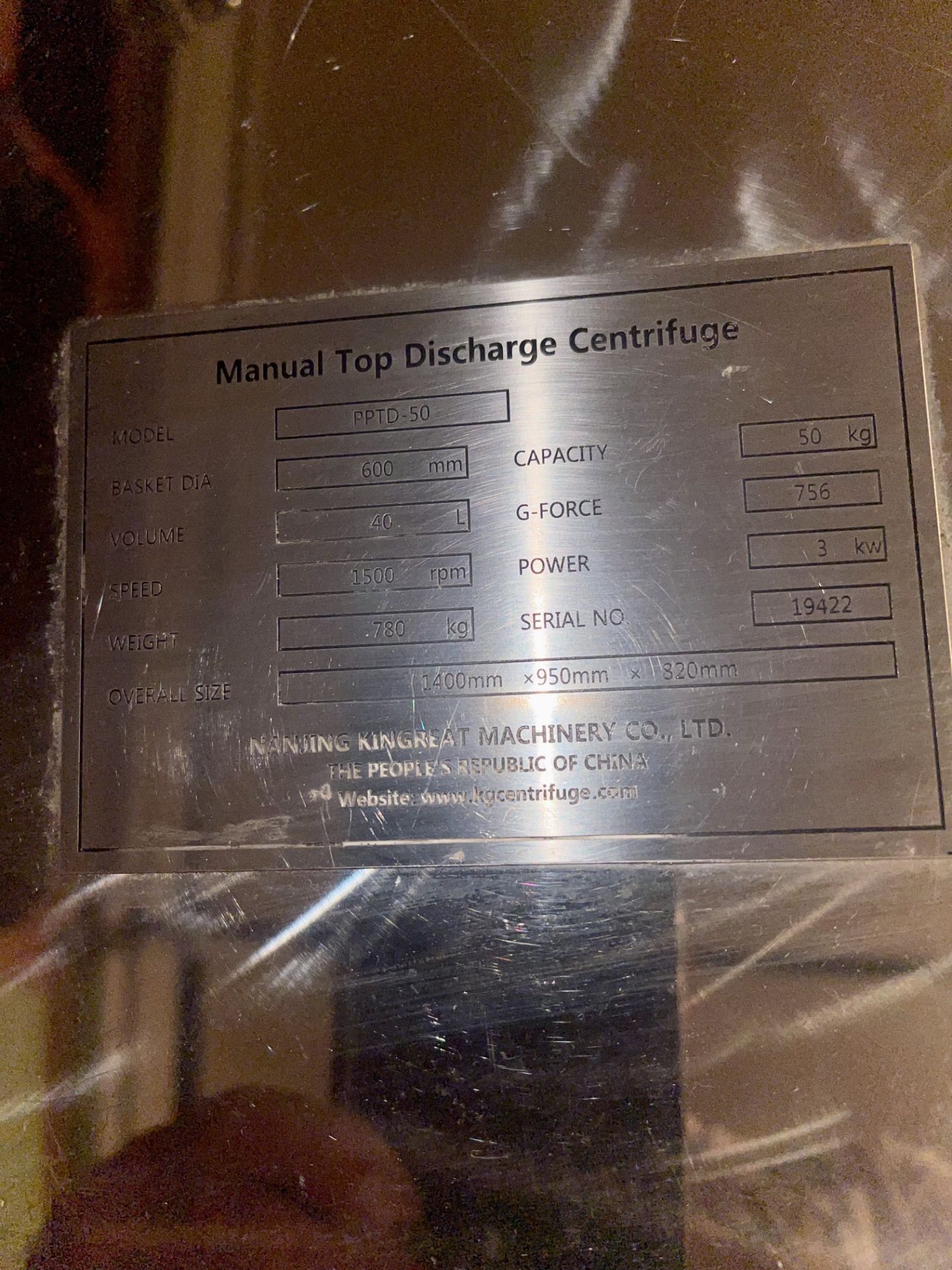 New/Unused - Nanjing Kingreat Manual Top Discharge Centrifuge for Ethanol Extraction. Model PPTD-50 - Image 10 of 16