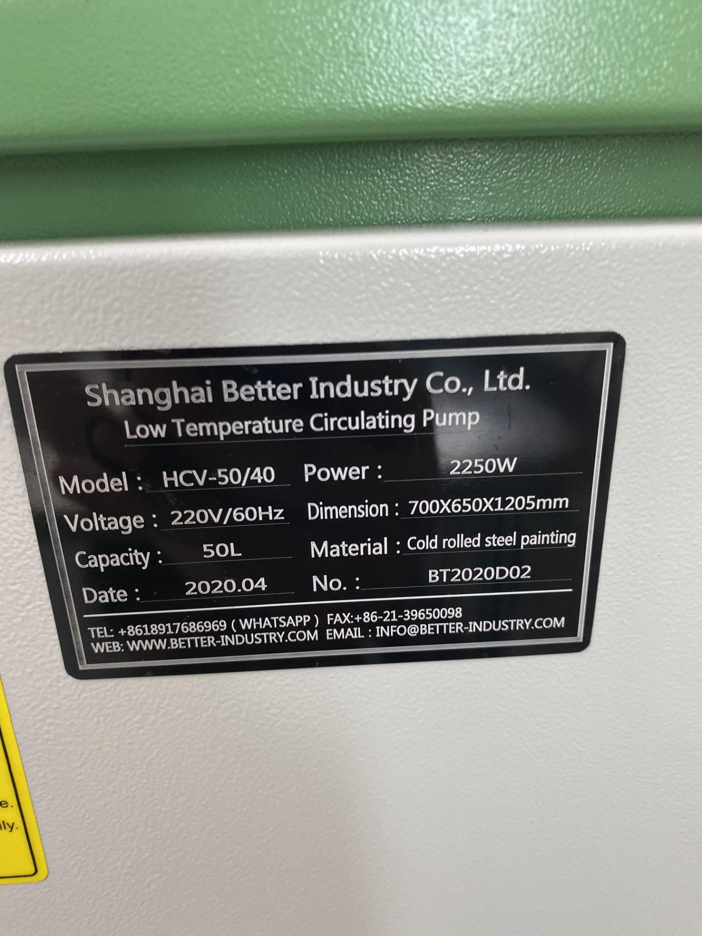 Used Shanghai Better Industry Co. Ltd Low Temperature Circulating Pump/Chiller. Model HCV-50/40. - Image 2 of 3