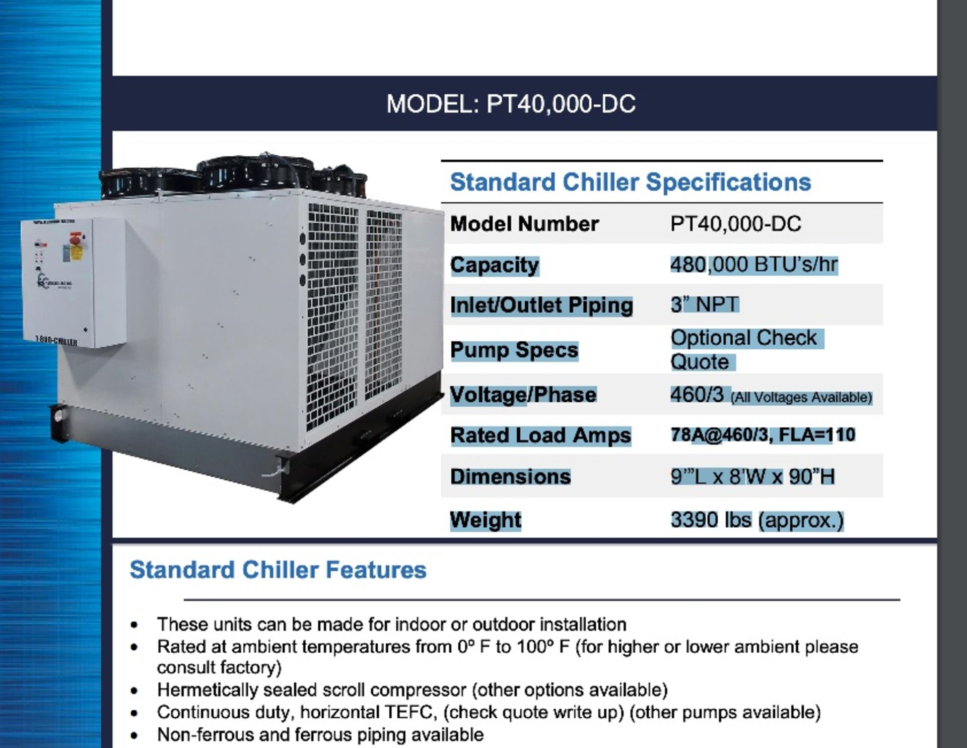 New/Unused Fluid Chillers, Inc Indoor/Outdoor Fluid Chiller. Model: PT40,000-DC. - Image 3 of 4