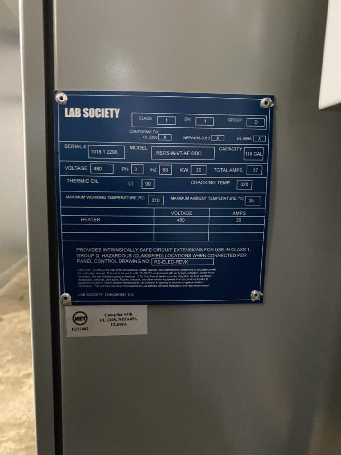 Used Lab Society Automated Solvent Recovery System. Model ASRS - 110 Gal - Image 6 of 6