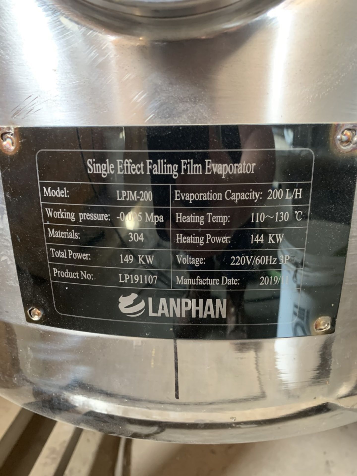 Used Lanphan 200 L Single-Effect FFE w/ (2) Steam generators & Chiller. Model LPJM 200/FFE-200 - Image 2 of 5