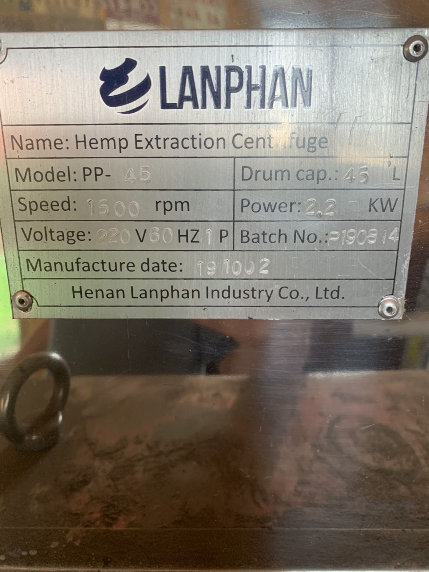 Used Henan Lanphan Industry Co. Hemp Extraction Centrifuge. Model PP-45. - Image 2 of 2