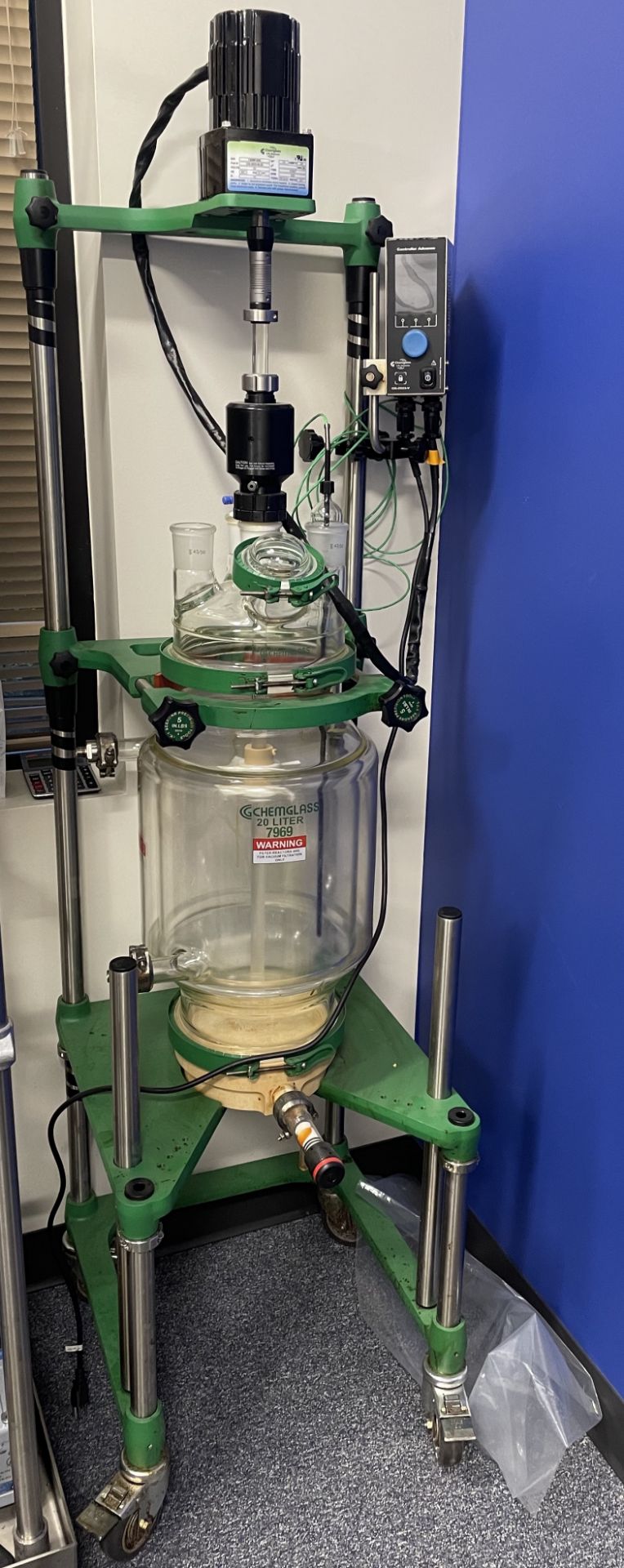 Used 20L ChemGlass Single Jacketed Glass Reactor. Model CG-1964 CG-1965 20L Jacketed.