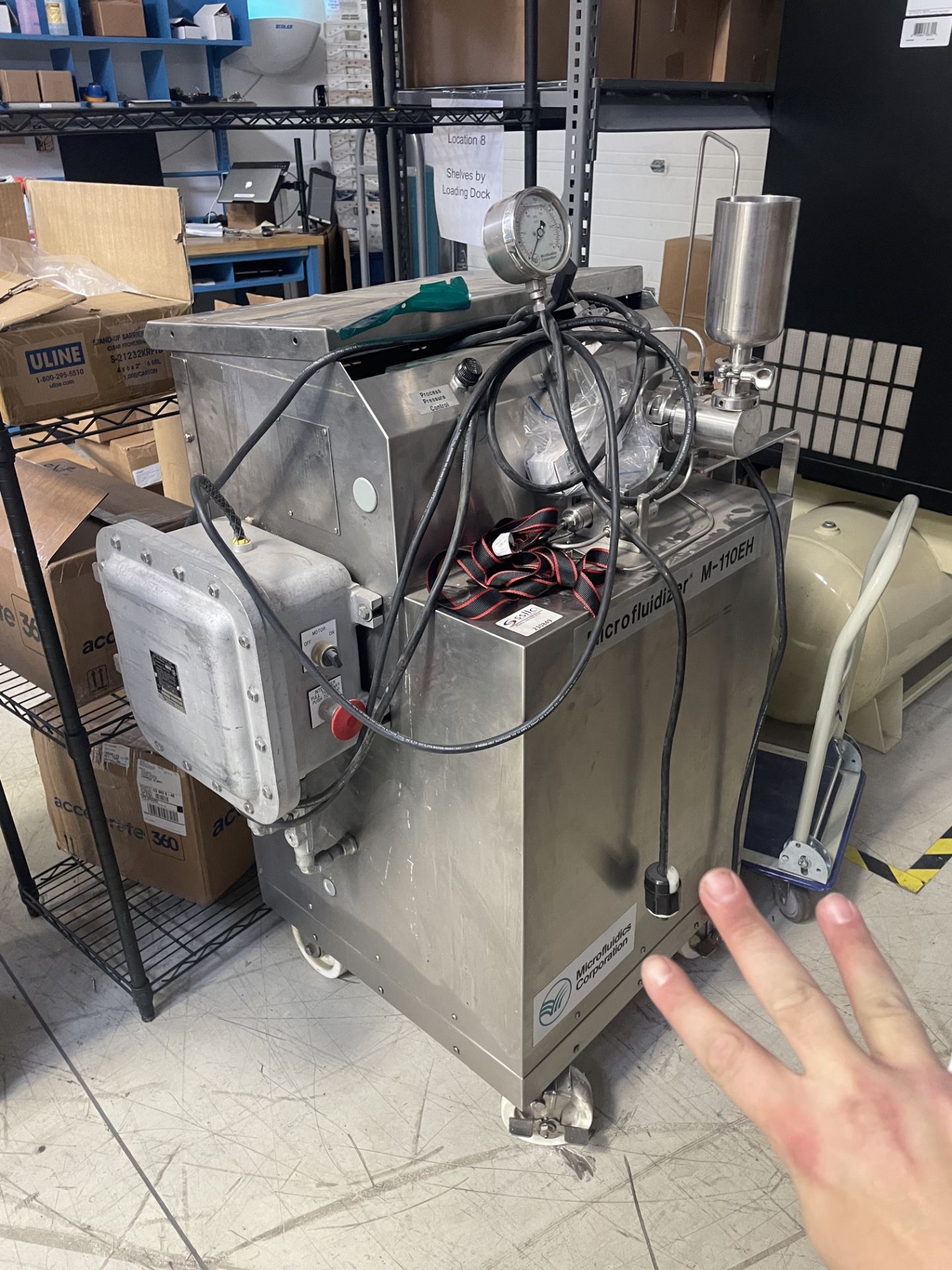 Used Microfluidics Corporation Electric Hydraulic Pilot Scale Microfluidizer. Model M-110EH.