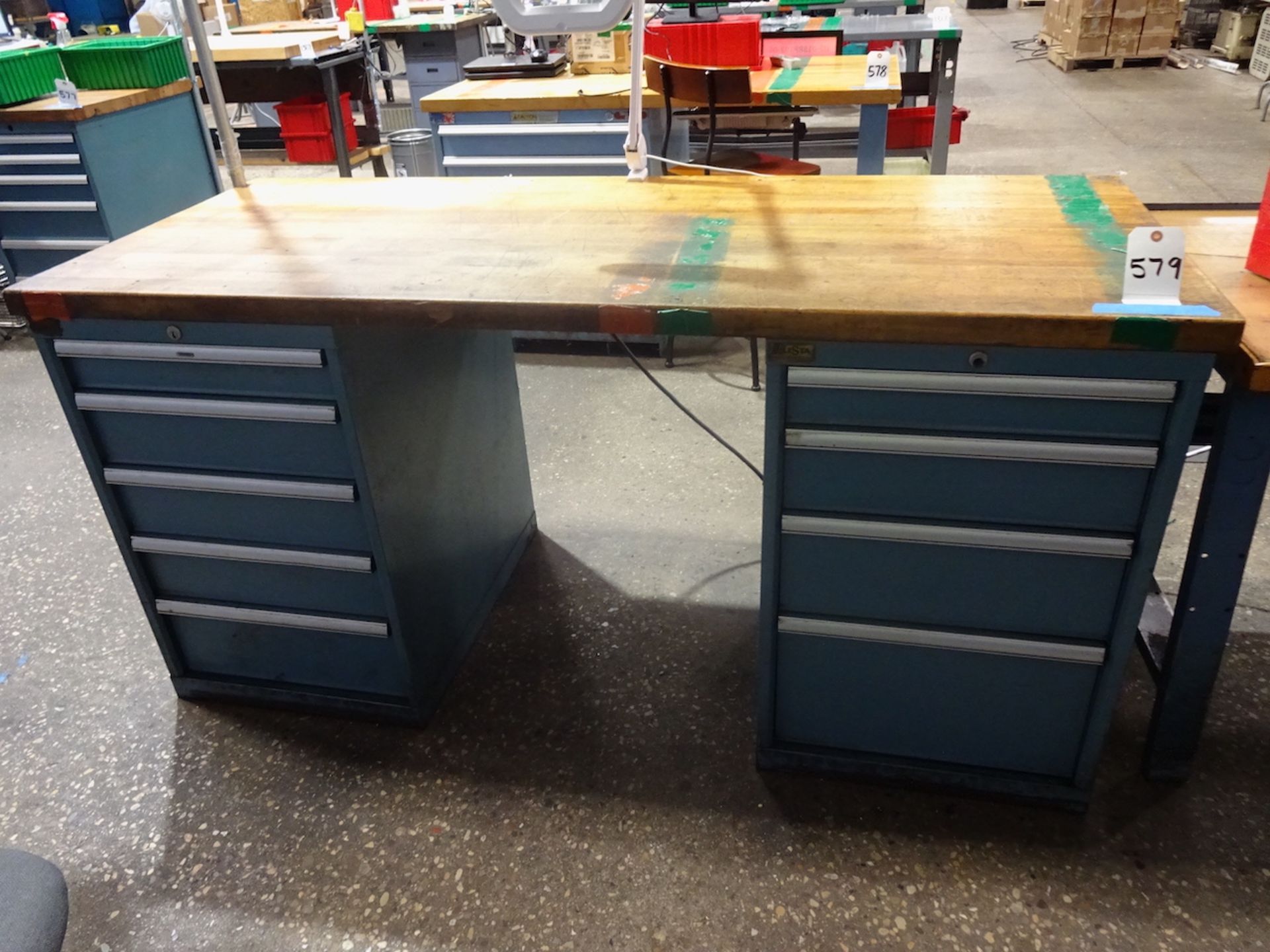 LOT: MAPLE TOP WORK BENCH, WITH (2) LISTA STORAGE CABINETS