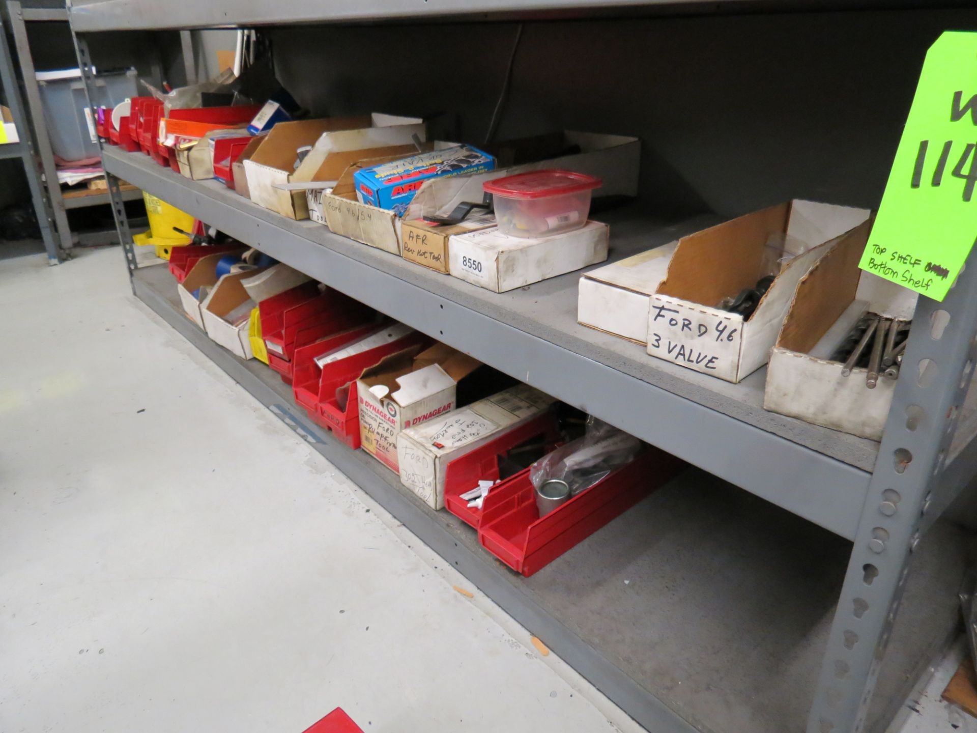 LOT OF ASSORTED PARTS, CLAMPS, ADHESIVES , BOLTS, ON WALL AND BELOW BENCH (2) SHELVES - Image 6 of 6