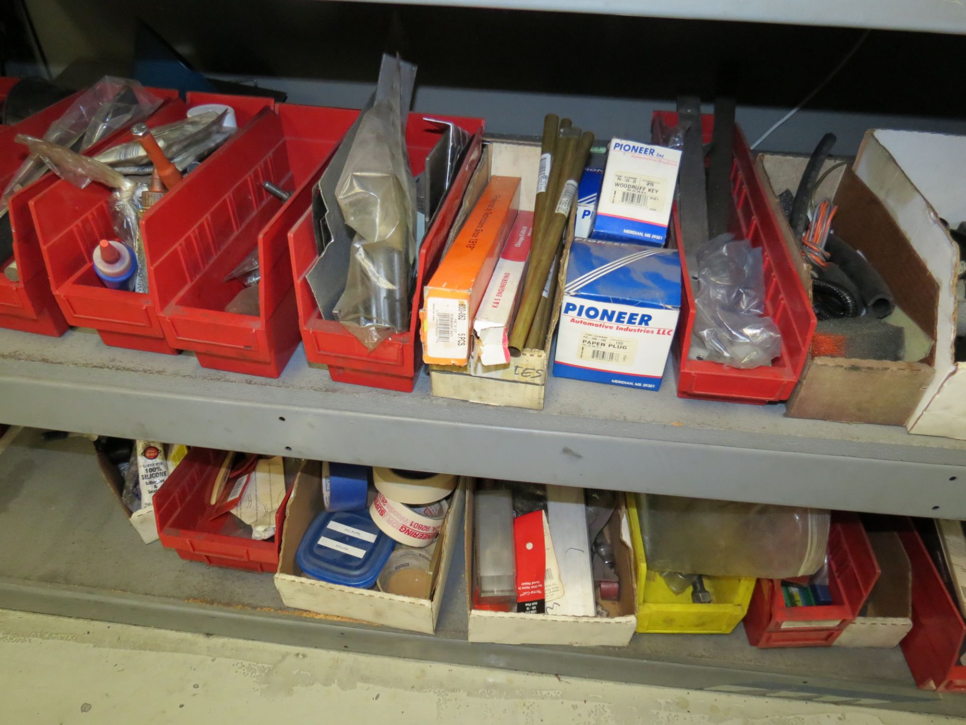 LOT OF ASSORTED PARTS, CLAMPS, ADHESIVES , BOLTS, ON WALL AND BELOW BENCH (2) SHELVES - Image 4 of 6