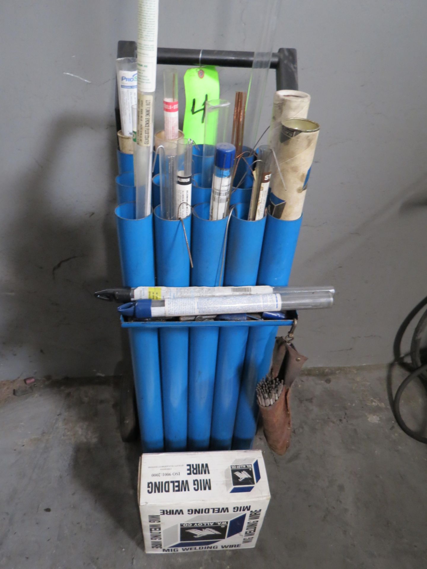 WELDING RODS CART WITH WELDING RODS AND 1 BOX OF MIG WIRE