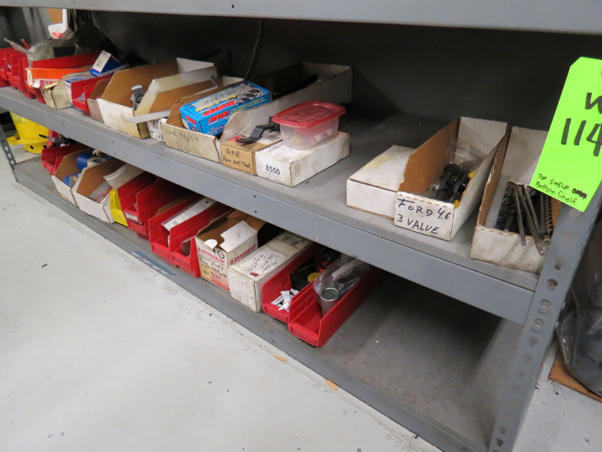 LOT OF ASSORTED PARTS, CLAMPS, ADHESIVES , BOLTS, ON WALL AND BELOW BENCH (2) SHELVES - Image 3 of 6