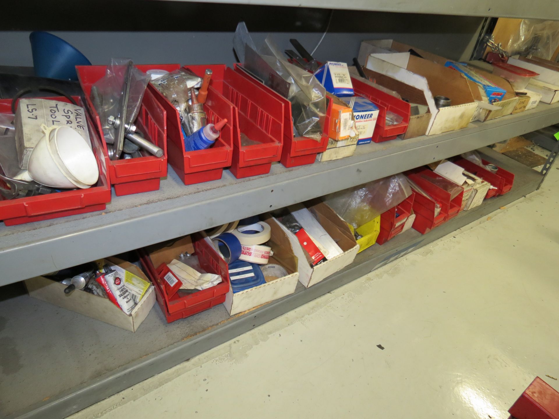 LOT OF ASSORTED PARTS, CLAMPS, ADHESIVES , BOLTS, ON WALL AND BELOW BENCH (2) SHELVES - Image 2 of 6