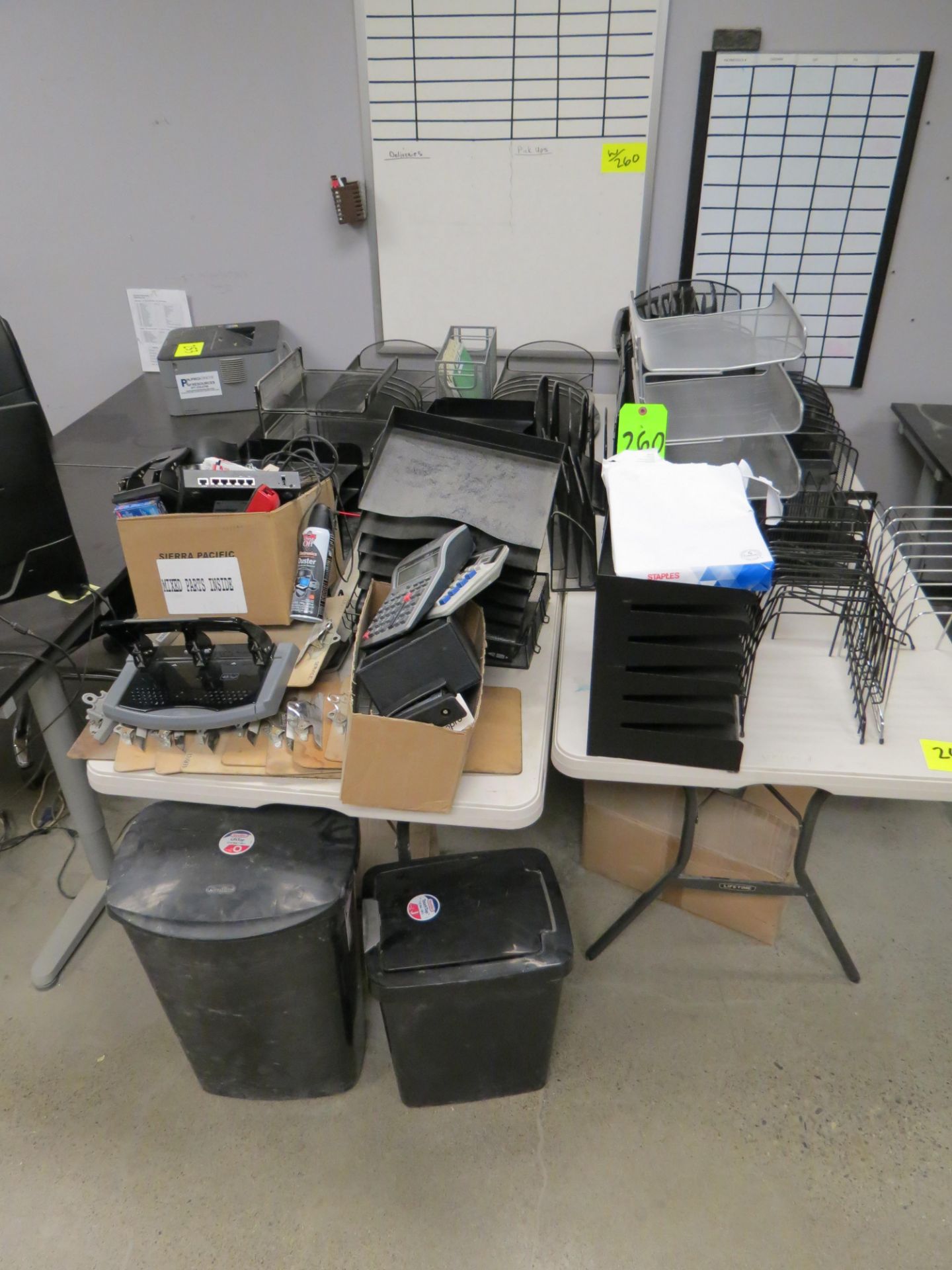 Lot Assorted Office Supplies (white boards, file organizer, trash bins, calculators, etc.)