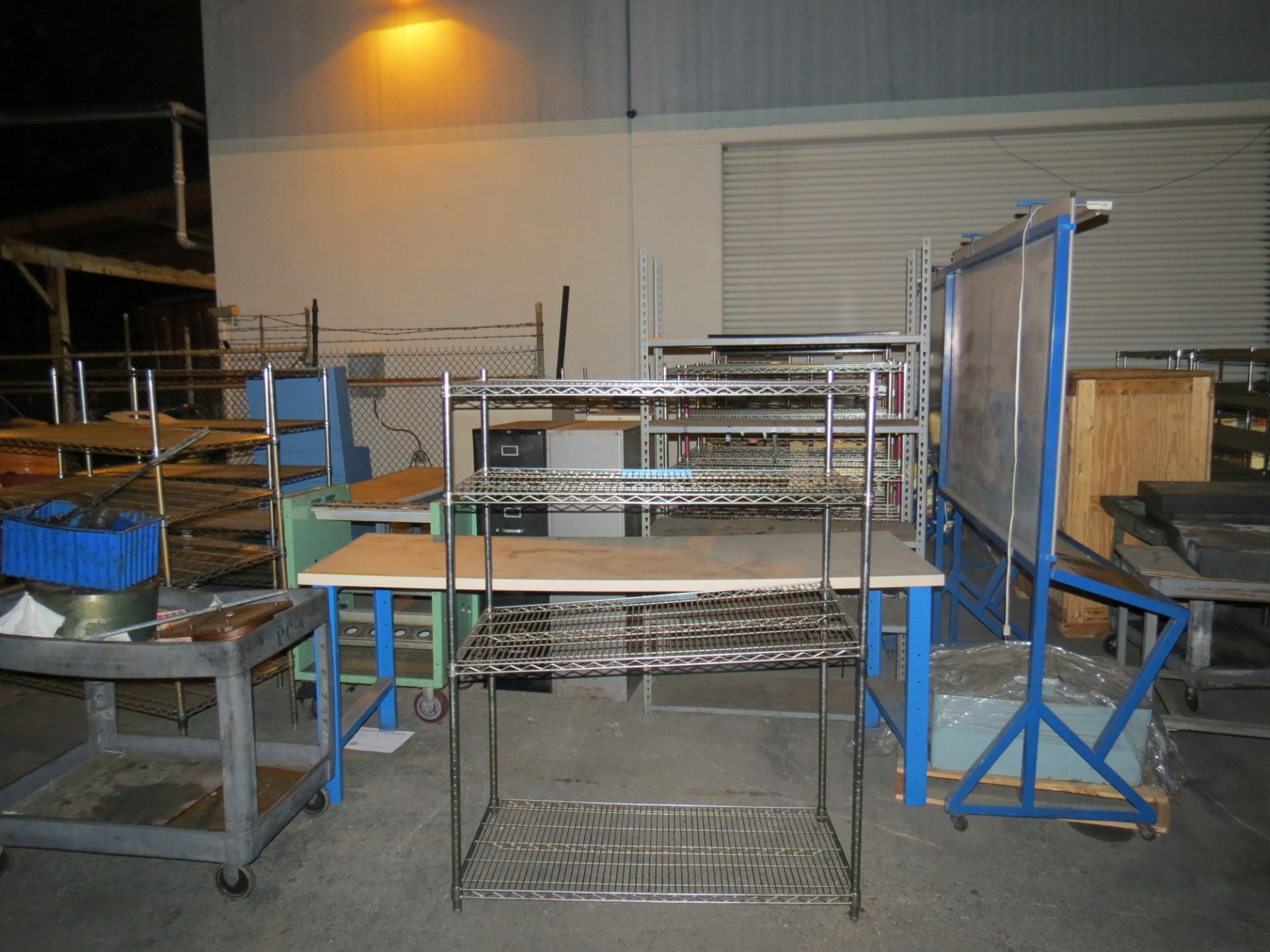 LOT OF ASSORTED CHROME WIRE RACKS, METAL SHELVES, CABINETS AND WHITE BOARDS, NO PRECISION SURFACE - Image 2 of 4