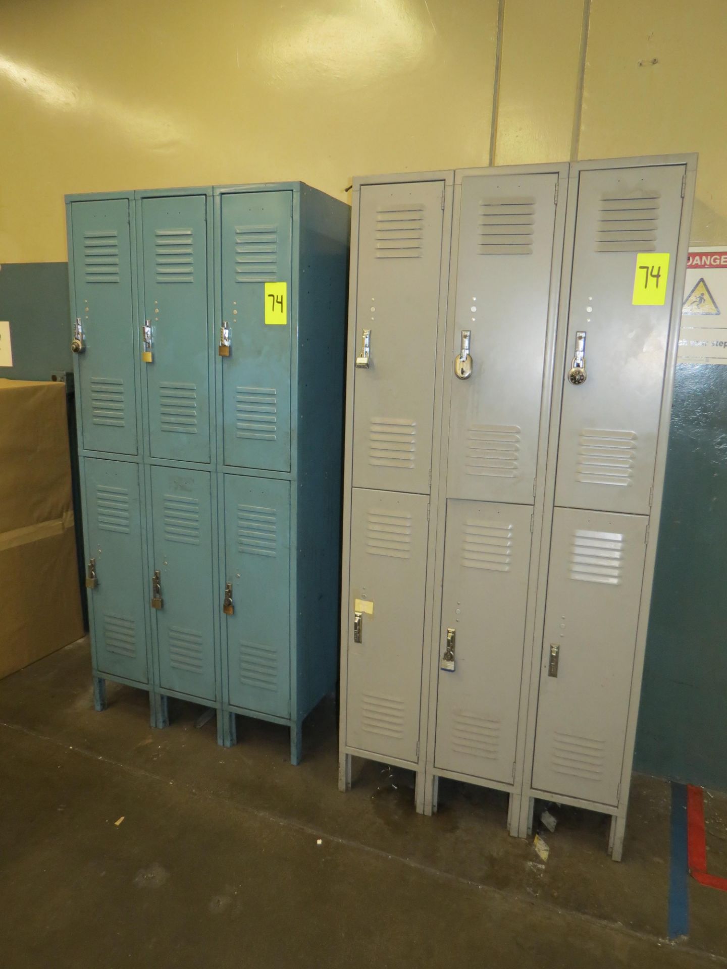 LOT (2) SECTIONS OF BLUE AND GREY EMPLOYEE LOCKERS ONLY NO CONTENTS