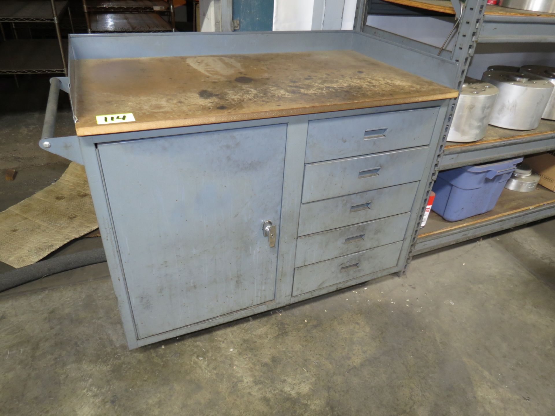 LOT 5-SECTION STORAGE GREY CABINET AND METAL BASE WORK TABLE