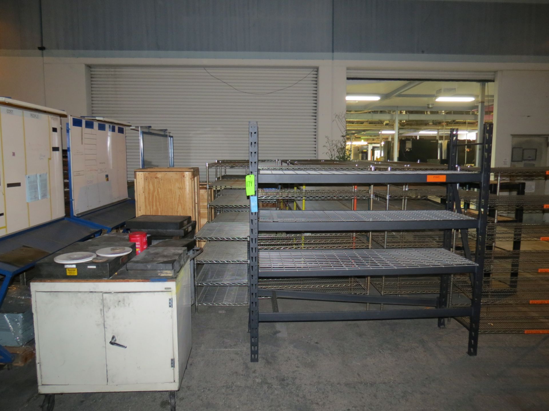 LOT OF ASSORTED CHROME WIRE RACKS, METAL SHELVES, CABINETS AND WHITE BOARDS, NO PRECISION SURFACE