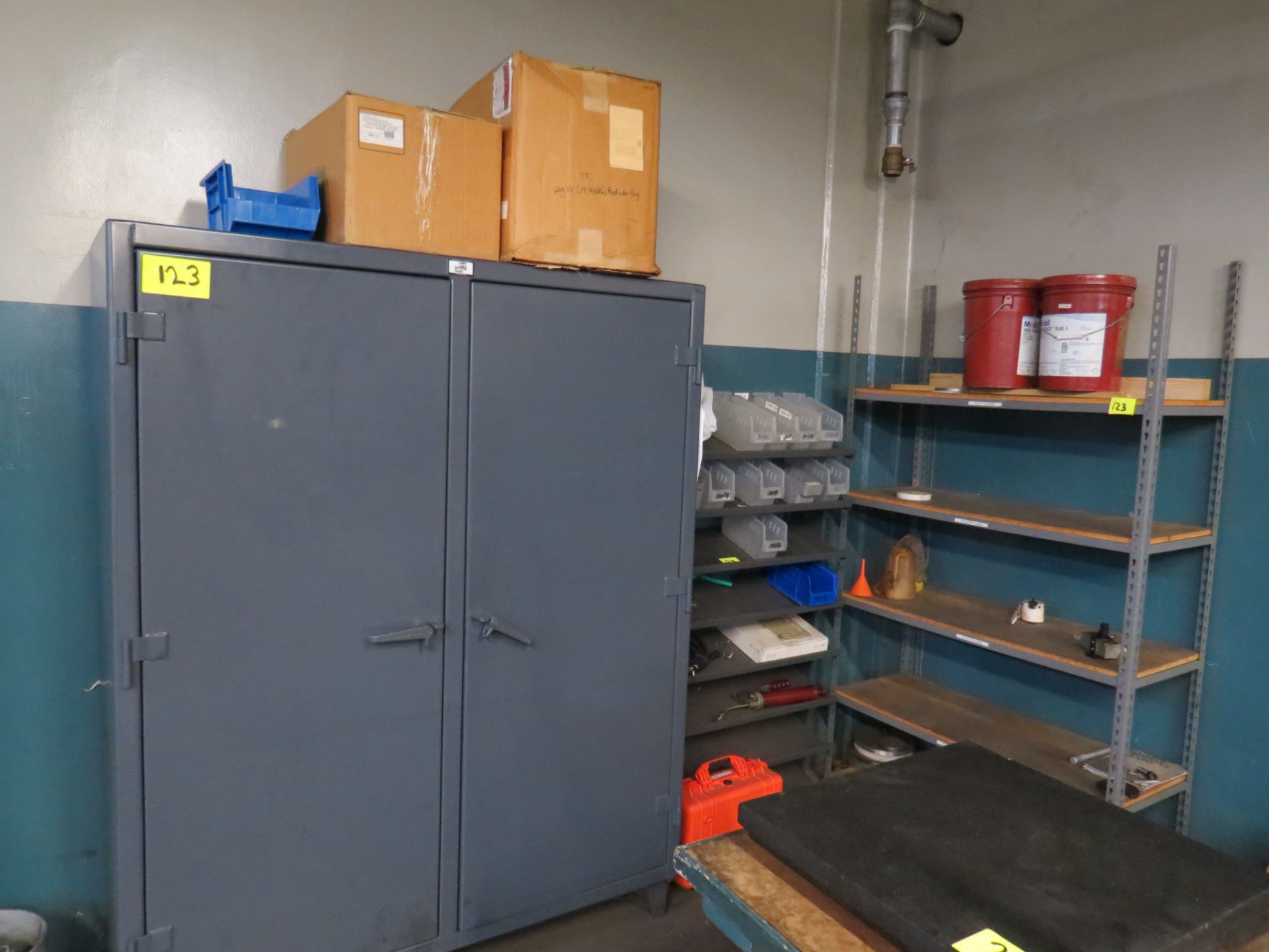 LOT HD INDUSTRIAL GREY 2-DOOR STORAGE CABINET AND 2- MISC. SHELVES ONLY NO CONTENTS