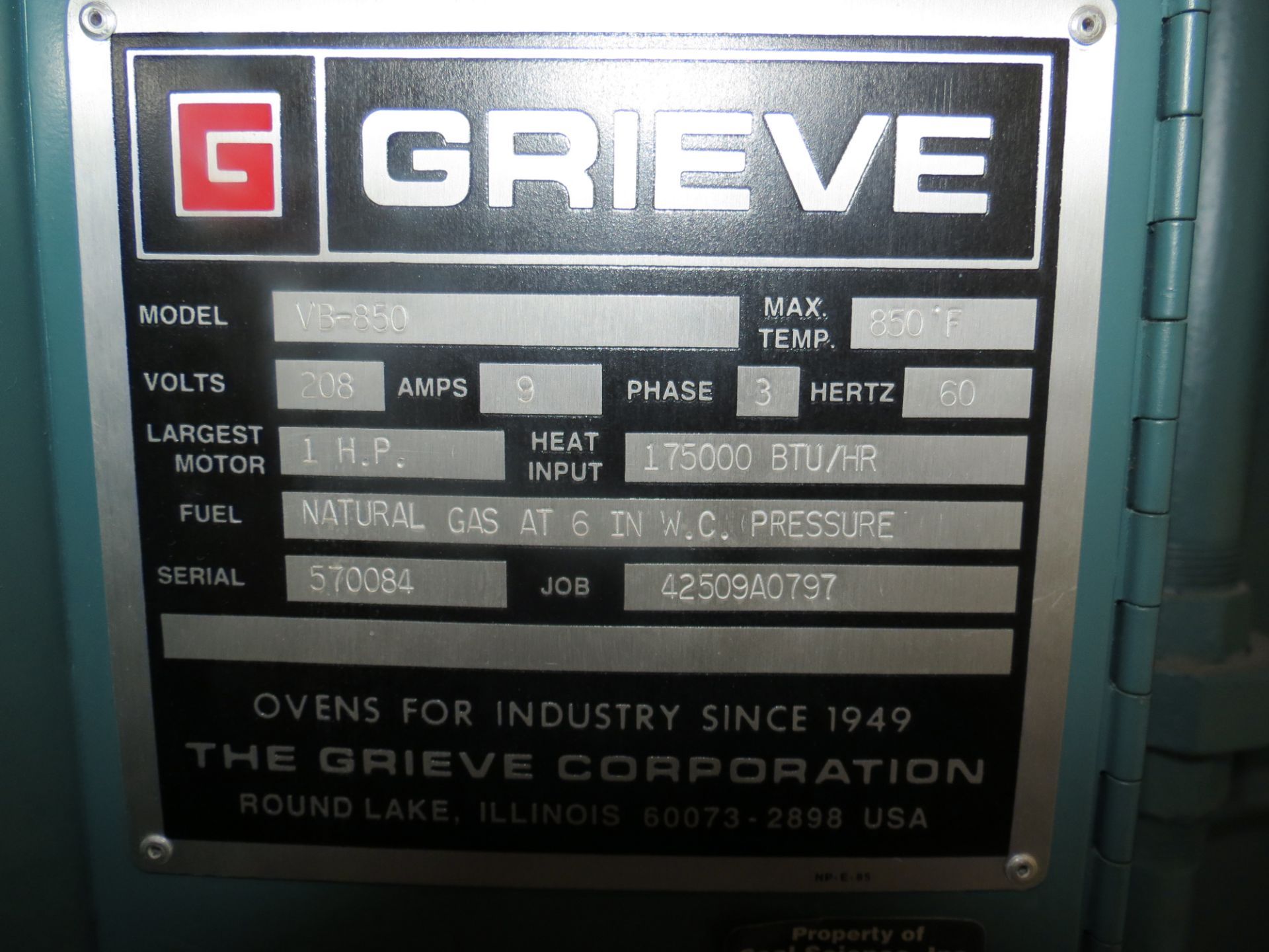 Grieve Oven, Model VB-850, Max Temp 850 F, 208V, 9AMPS, 3PH, 1HP, 175000 BTU/HR, Natural Gas at - Image 6 of 7