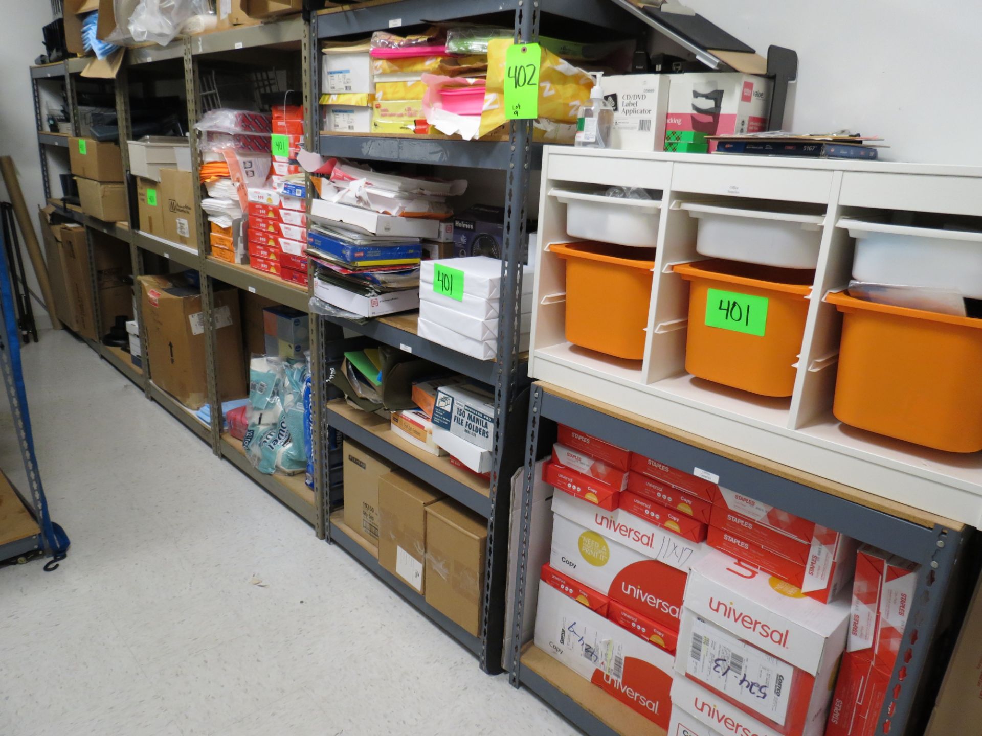 LOT OF OFFICE SUPPLIES IN SUPPLY ROOM: REAMS OF PAPER, BINDERS, PLASTIC ORGANIZERS, BINS, ETC.