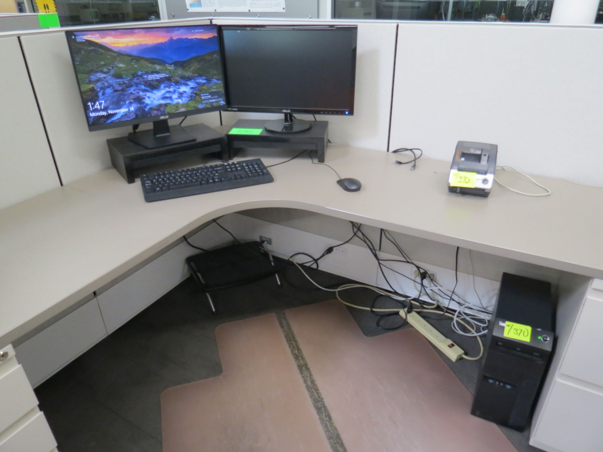 2 LENOVO THINKCENTRE TOWER DESKTOPS, P-TOUCH QL-500 & BROTHER LABEL PRINTERS, 4 MONITORS,