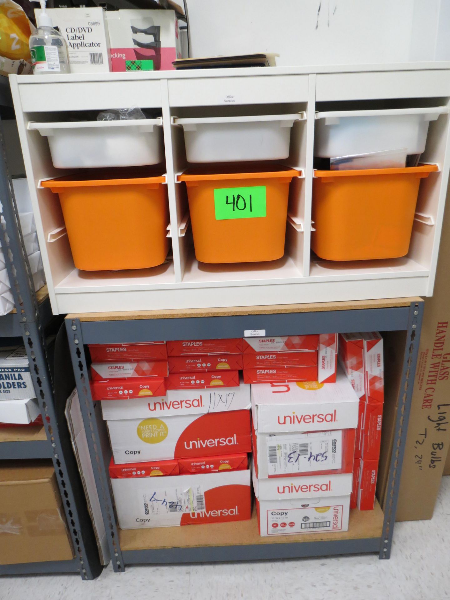 LOT OF OFFICE SUPPLIES IN SUPPLY ROOM: REAMS OF PAPER, BINDERS, PLASTIC ORGANIZERS, BINS, ETC. - Image 2 of 11