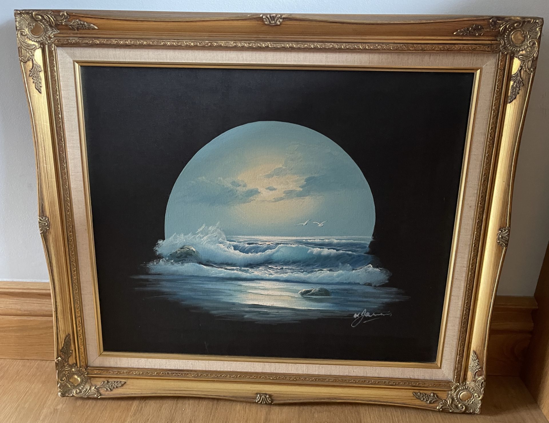 BEAUTIFUL MEDIUM SIZED OCEAN ON MOONLIGHT SIGNED PAINTING