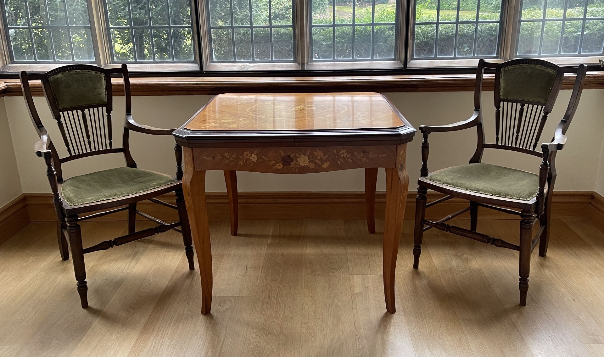 BEAUTIFUL ANTIQUE CHAIRS AND GAMING TABLE VALUED TOGETHER AT $5000