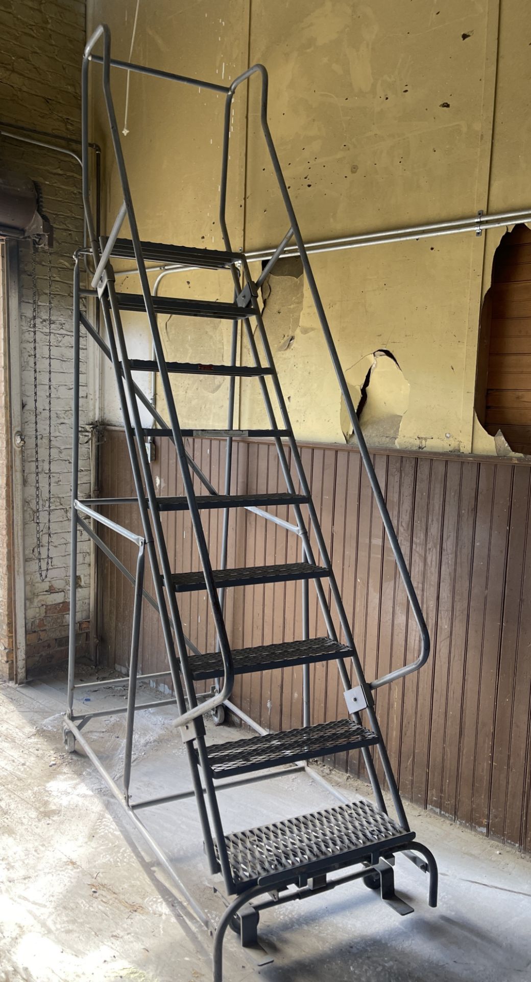 LARGE 10 FT FULL SCALE WAREHOUSE STEP LADDER ON 4 WHEELS WITH LOCK COTTERMAN CO