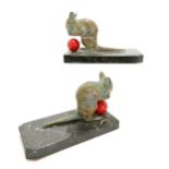 Art Deco pair of H Moreau bookends depicting painted metal mice on marble bases with red