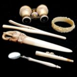 Antique ivory opera glasses a/f, glove stretchers, medical instrument t/w early plastics paper knife