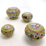 Antique Cantonese yellow ground set of 4 graduated enamel lidded boxes - largest 10cm diameter & all