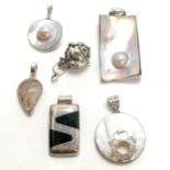 6 x silver mounted pendants inc large 7.5cm x 3.5cm & opening cage containing chiming ball etc -