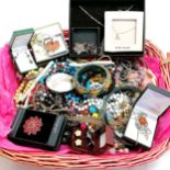 Qty of costume jewellery inc some boxed in a pink basket - SOLD ON BEHALF OF THE NEW BREAST CANCER