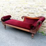 Antique mahogany scroll end chaise lounge on brass castors. In good used condition- 210cm long x