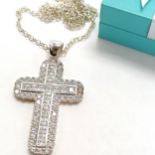 Large silver white stone set cross (6.5cm drop) on silver 52cm chain ~ total weight 22g